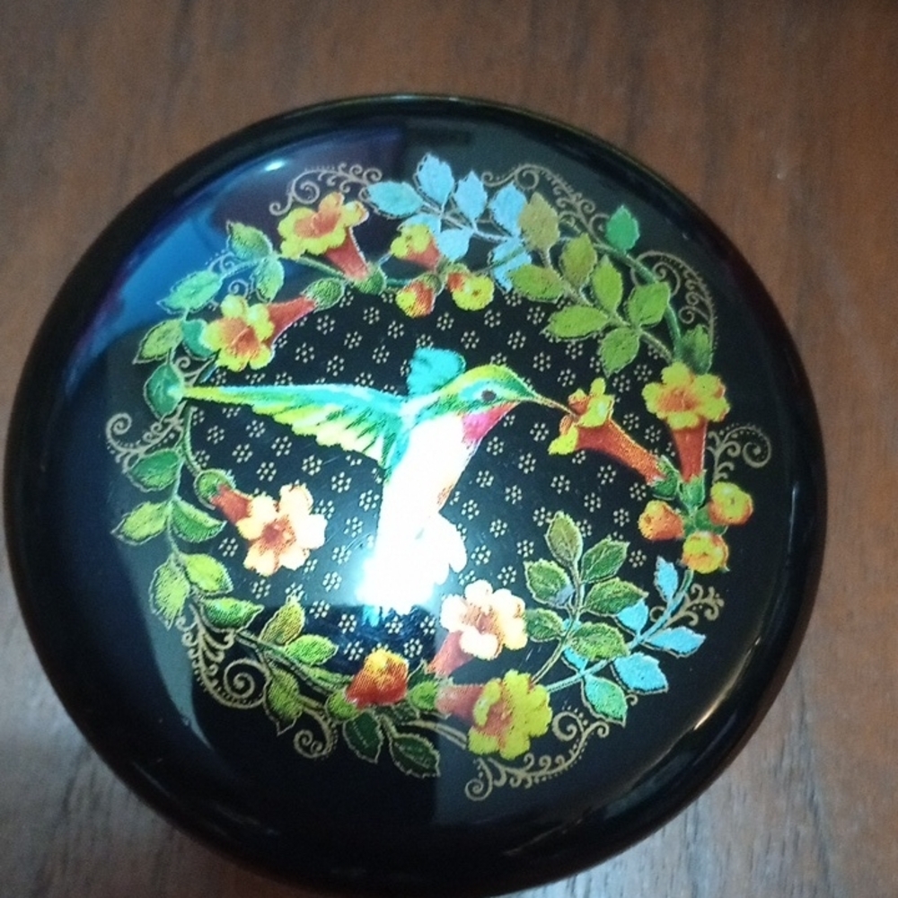 Hallmark Vibrant Hummingbird Trinket  Box with Floral Accents on Black